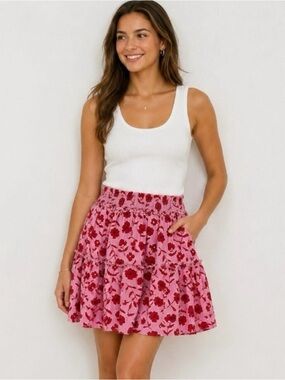 Vineyard Vines Rock Rose Smocked Skirt Ruffle Lined Pink & Red